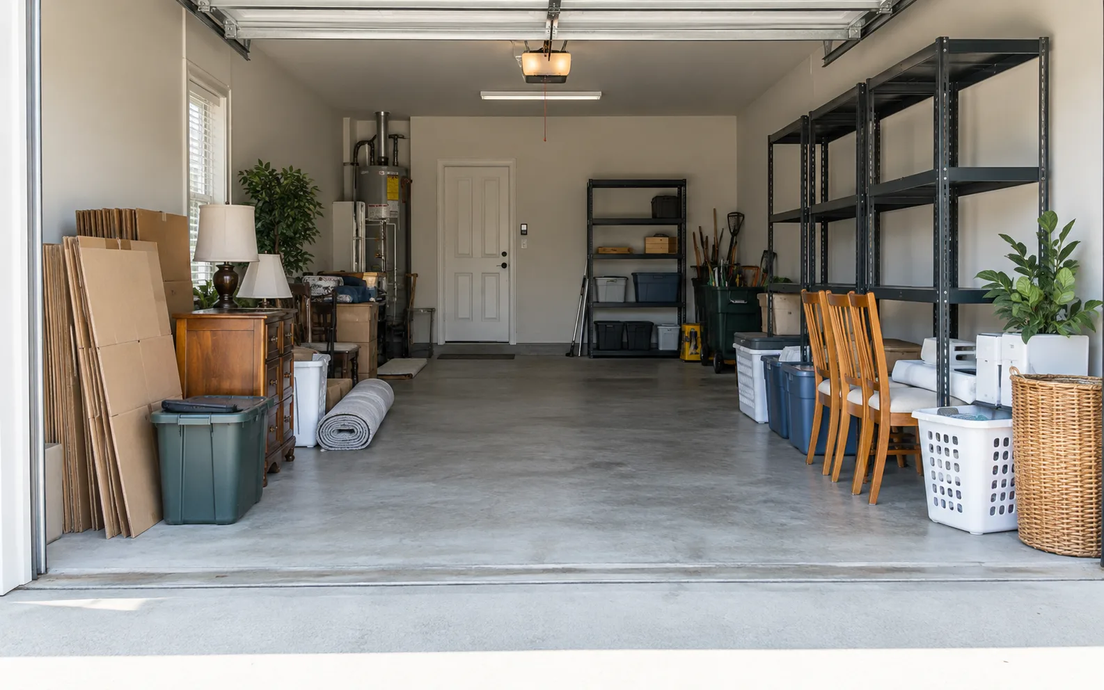 Illustrative garage with a clear center lane and grouped items