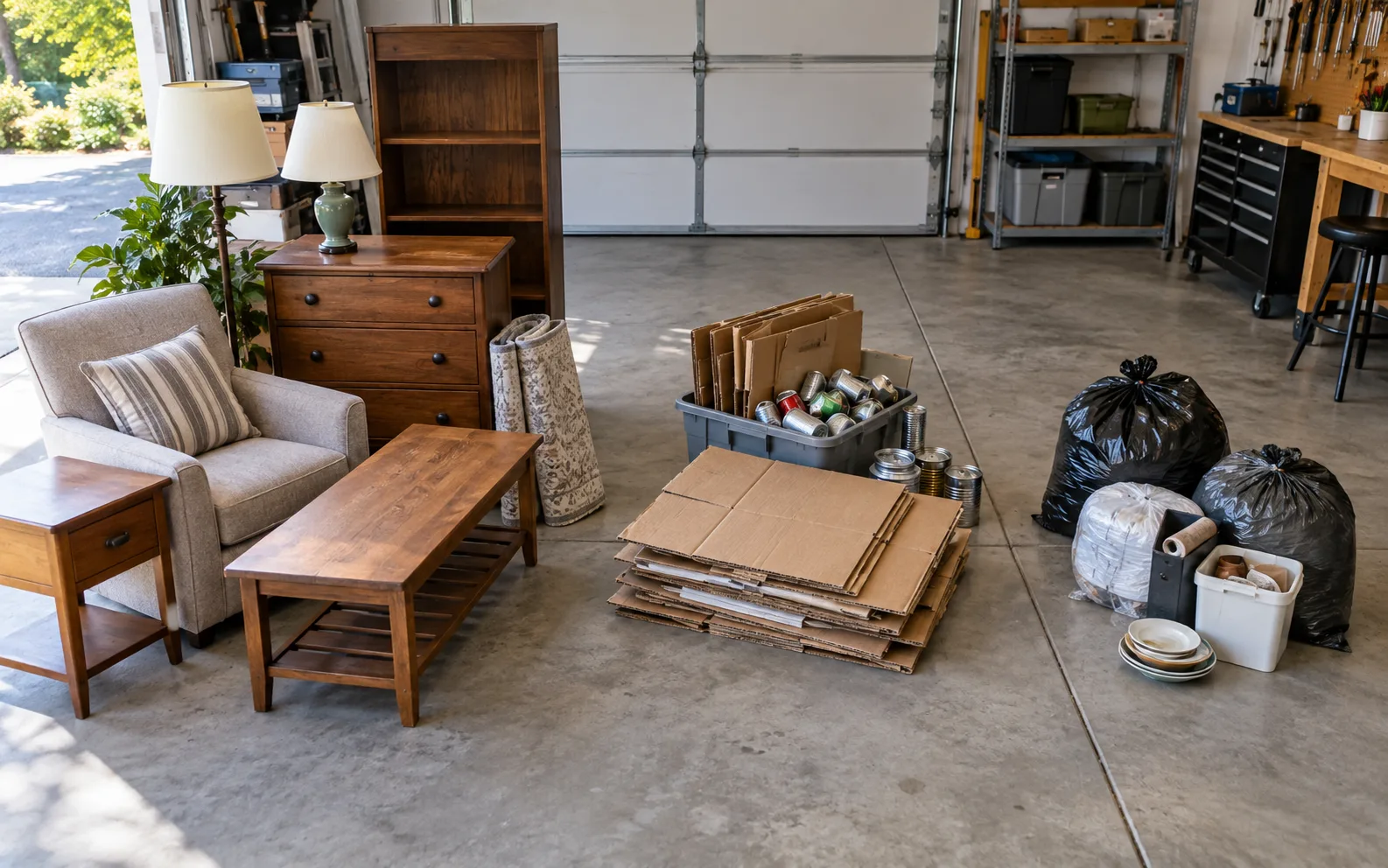 Illustrative reusable goods, cardboard and discard items sorted into separate groups
