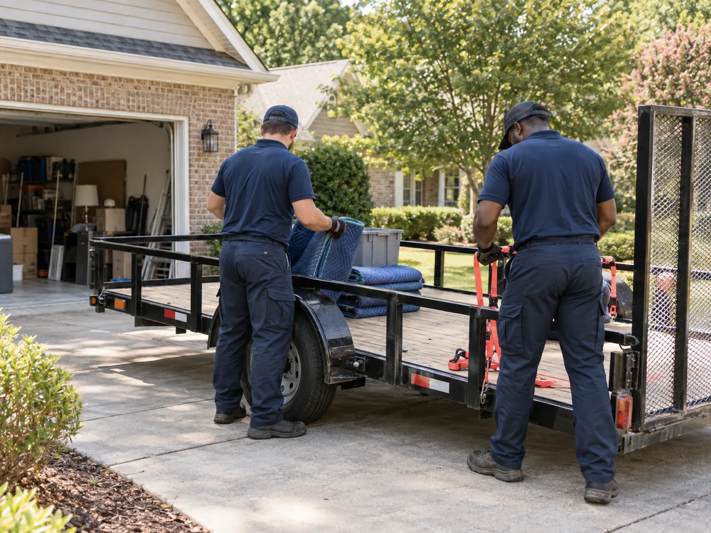 Illustrative service crew preparing tie-down straps and moving blankets on a utility trailer