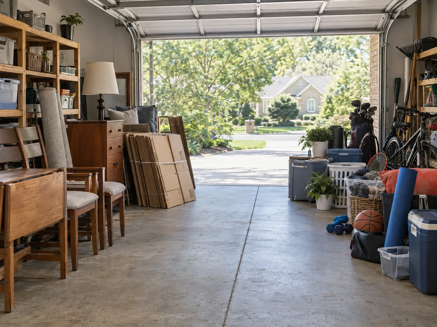 Illustrative garage with household items grouped along the walls and a clear center walkway